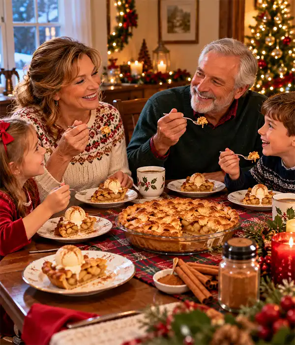 Applepie isn't the same without Cinnamon. A happy family enjoys homemade cinnamon apple pie with vanilla ice cream in a cozy dining room, surrounded by warm Christmas lights and festive decorations.
