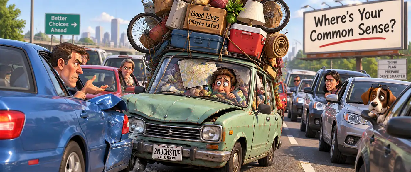 A comical traffic fender bender caused by a driver whose overloaded car is packed so full he can barely see, as other motorists stare at him in disbelief.