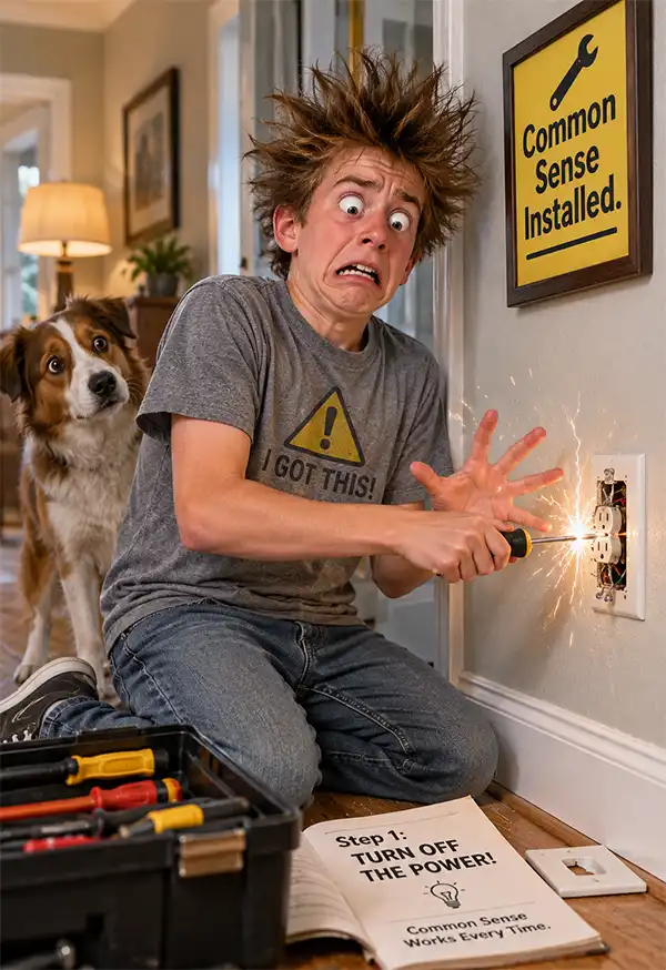 A teenager gets a hair-raising electrical shock while fixing a live outlet as his worried dog looks on, providing a comical lesson in common sense.