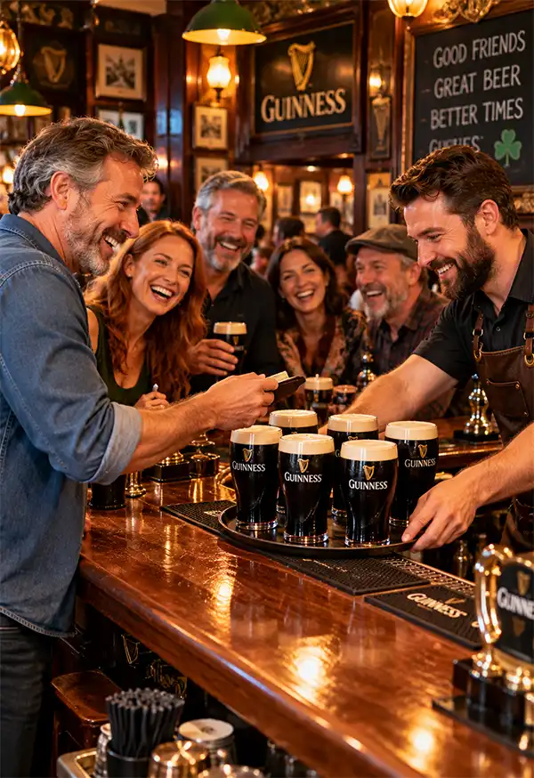 The First Round A smiling man buys a round of six creamy Guinness stouts for his laughing friends as a bartender serves the drinks in a lively, traditional Irish pub filled with warmth and good cheer.