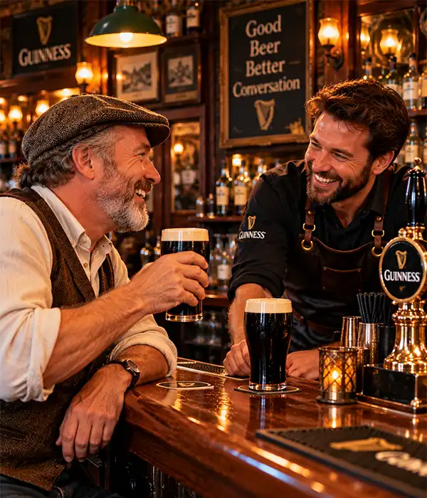 Happy Bar Time A cheerful gentleman wearing a tweed cap enjoys a glass of creamy dark stout while sharing a laugh with a friendly bartender in a warmly lit traditional Irish pub.