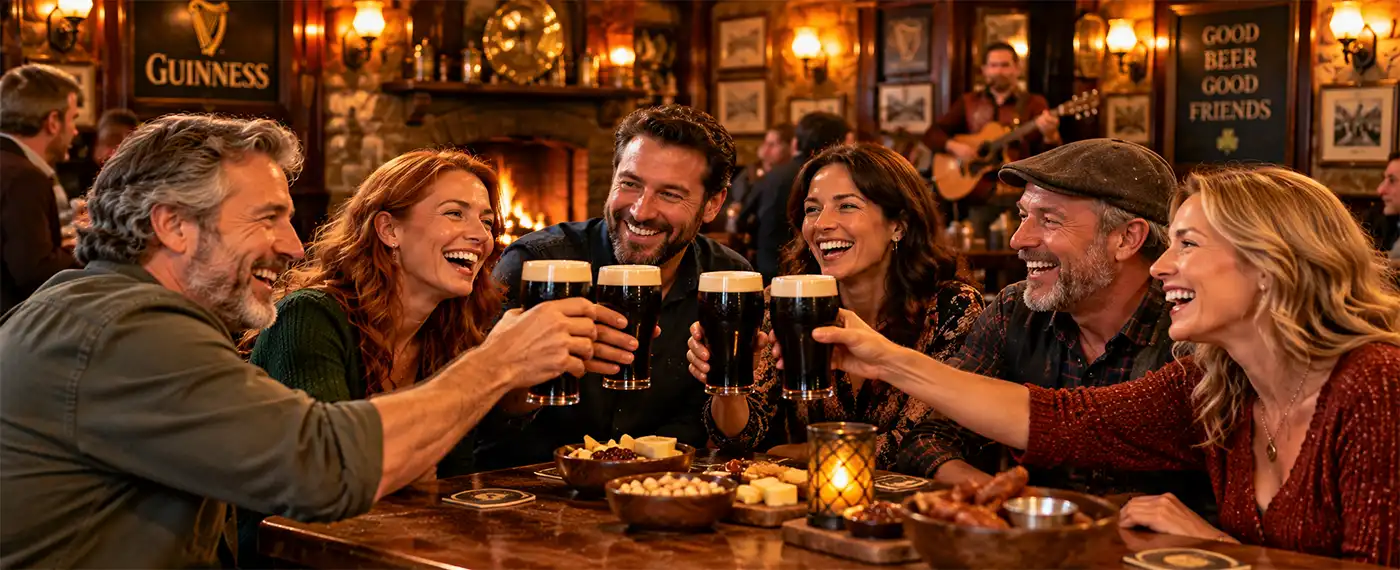 Friends and Stout is a good mix Six friends laugh and raise glasses of creamy dark stout beer in a cheerful toast at a traditional Irish pub, surrounded by warm lighting, a glowing fireplace, and live music.