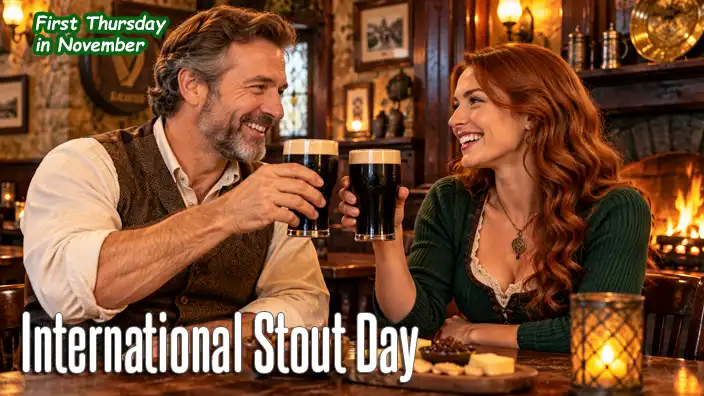 A smiling couple raises glasses of dark stout beer in a cozy Old World pub, surrounded by rustic wooden furnishings, warm lighting, and a crackling fireplace.