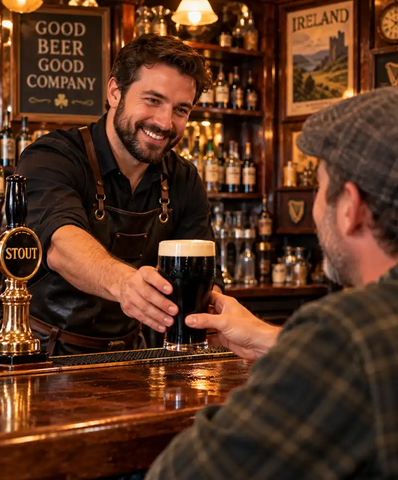 A smiling bartender hands a freshly poured glass of dark stout beer with a thick, creamy head to a customer seated at the wooden bar of a cozy, traditional Irish pub.