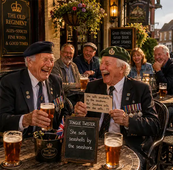 Laughter and a Tongue Twister does a body good. Two elderly military veterans share a laugh over pints outside a traditional pub as they unsuccessfully tackle a tongue twister, entertaining nearby patrons with their cheerful good humor.