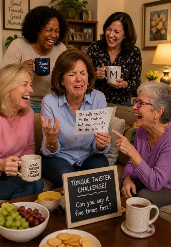 Tongue Twisting Over Morning Coffee A group of women laugh together in a cozy living room as one friend hilariously stumbles through a tongue twister during a fun evening of conversation, coffee, and games.