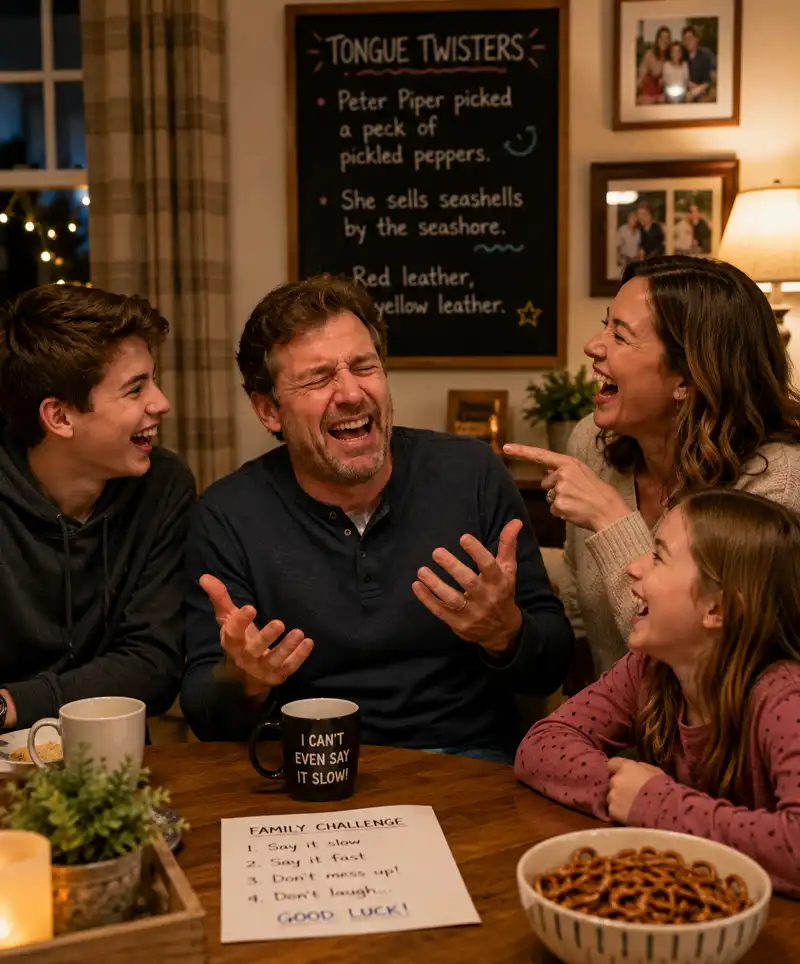 A family gathered around the table after dinner laughs together as Dad hilariously struggles to say a tongue twister during a friendly word game challenge at home.
