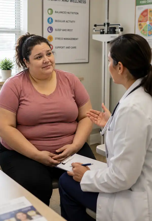 Obese woman discussing her weight and health goals with her doctor during a supportive consultation in a modern medical examination room, looking hopeful about improving her future health.