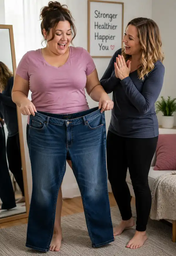 Happy woman proudly showing how her old jeans are now too large after losing weight, while a smiling friend congratulates her on achieving a healthier lifestyle.