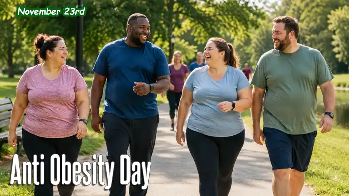 Happy overweight adults walking together through a sunny park as they exercise and support each other on their journey toward better health.
