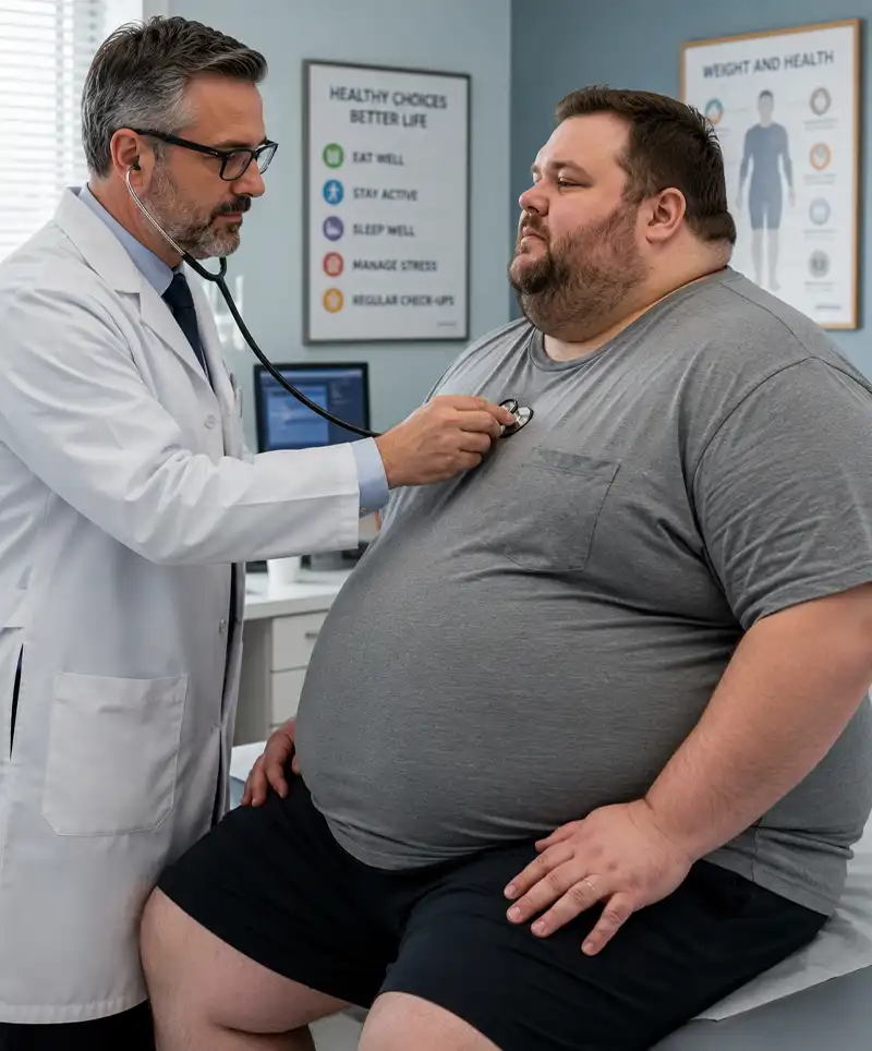 Doctor performing a routine medical examination on an obese male patient in a modern examination room during a health consultation about weight management and overall wellbeing.