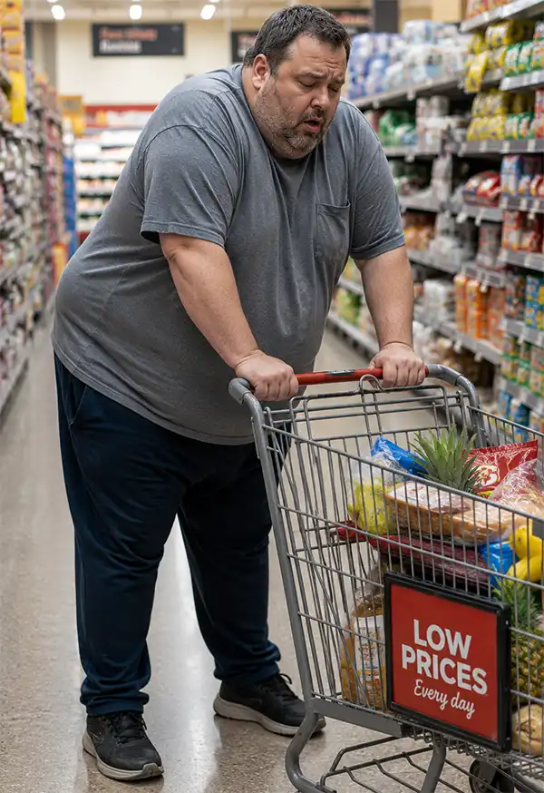 Obese man leaning on a shopping cart in a supermarket aisle as he pauses to catch his breath while shopping, illustrating the physical challenges obesity can create in everyday life.
