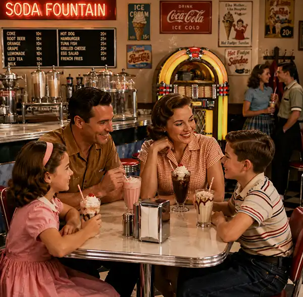 Family, Sodas, and Music A smiling family enjoys ice cream sodas and milkshakes together at a table inside a busy 1950s-style soda fountain. A glowing vintage jukebox stands nearby, while classic décor and cheerful conversations create a warm, nostalgic atmosphere.