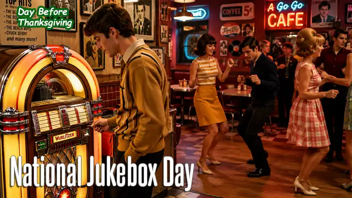 A young man in 1960s clothing inserts coins into a brightly lit jukebox inside a busy café while couples dance on a small dance floor nearby. The retro scene features period fashions, warm lighting, and the lively atmosphere of a popular 1960s music venue.