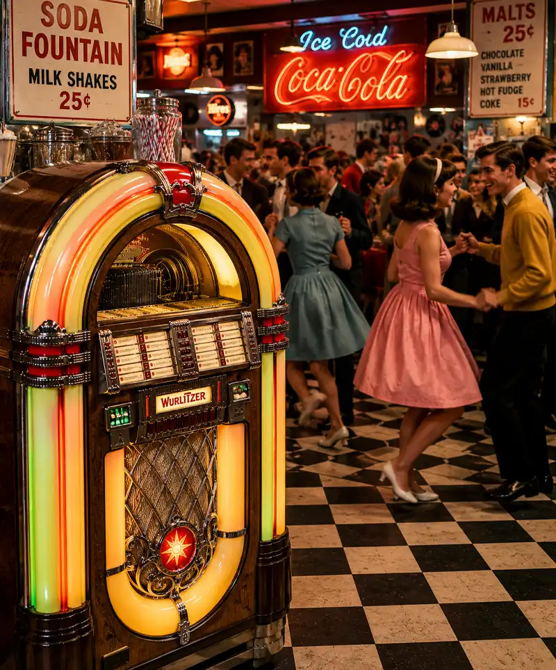 A glowing vintage jukebox stands inside a busy 1960s soda fountain as young couples dance on a black-and-white checkered floor. Neon signs, retro décor, and classic fashions create a lively rock-and-roll atmosphere filled with nostalgia and energy.