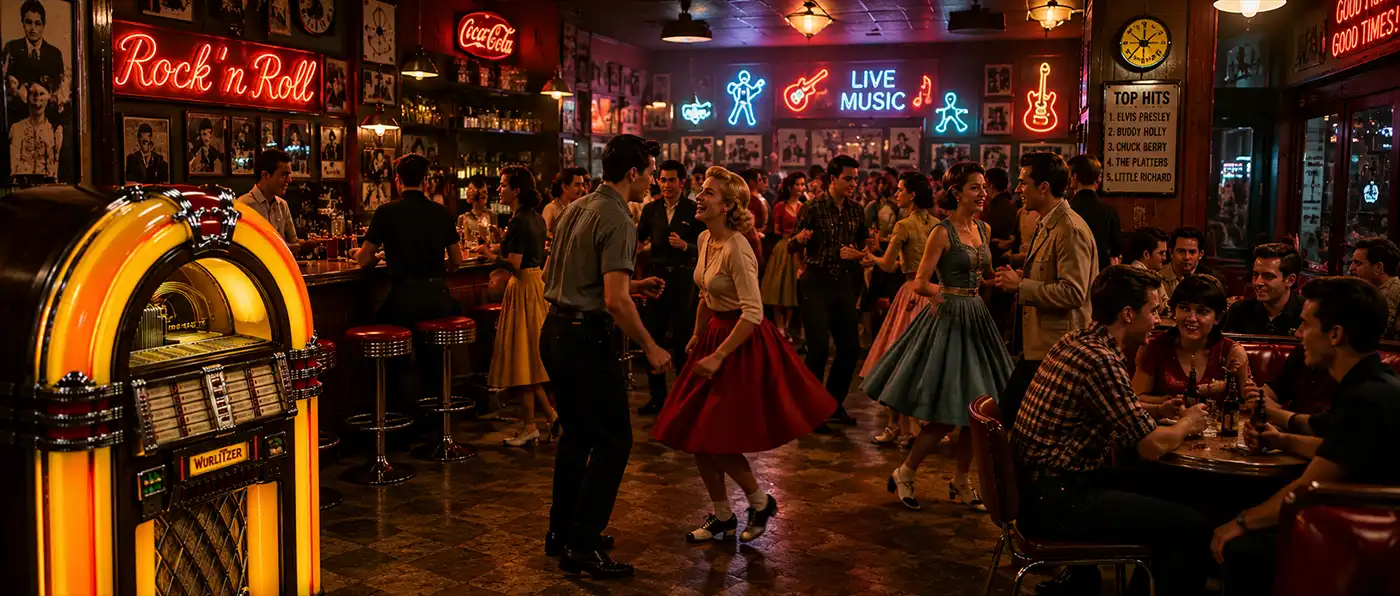 Rocking The Jukebox A brightly lit vintage jukebox stands in the foreground of a lively retro bar as couples dance to rock-and-roll music. Patrons socialize, laugh, and enjoy the energetic atmosphere beneath colorful neon signs in a bustling mid-century nightlife scene.