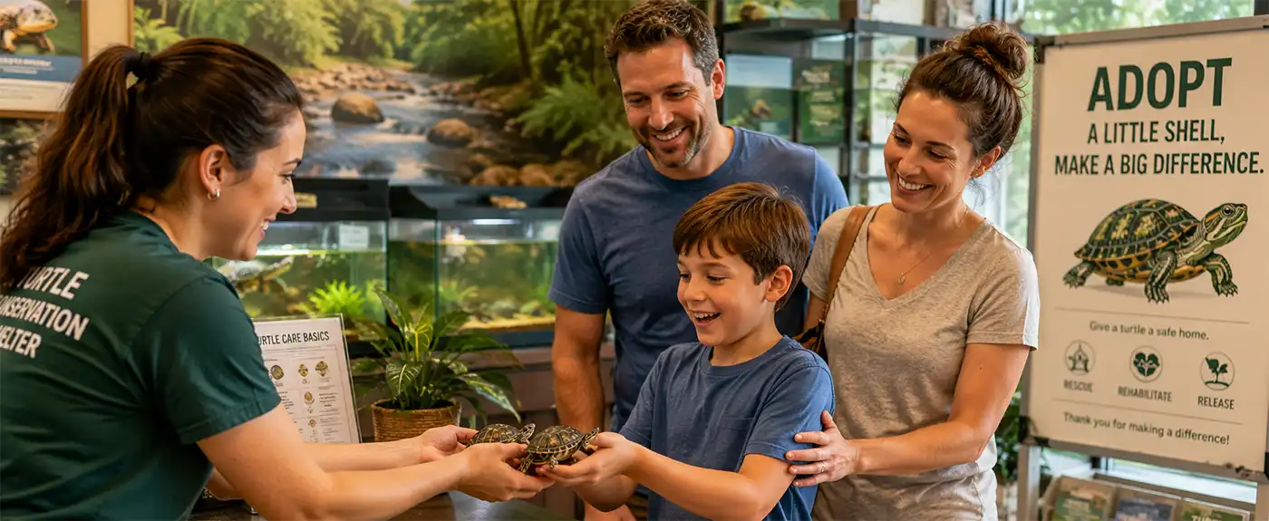 The Proud New Owner of Lifelong Friends A young boy happily receives two rescued terrapins from a reptile shelter volunteer while his proud parents look on, celebrating the start of a responsible turtle adoption journey.