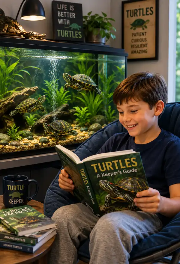 Life is a learning process. A smiling young boy reads a book about turtle care while sitting beside his beautifully maintained home aquarium, where his happy freshwater terrapins swim among lush aquatic plants and natural decorations.