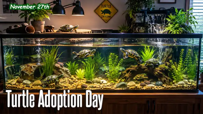 A spacious home aquarium provides an ideal habitat for several freshwater terrapins, featuring crystal-clear water, aquatic plants, rocks, driftwood, a basking platform, and heat lamps.