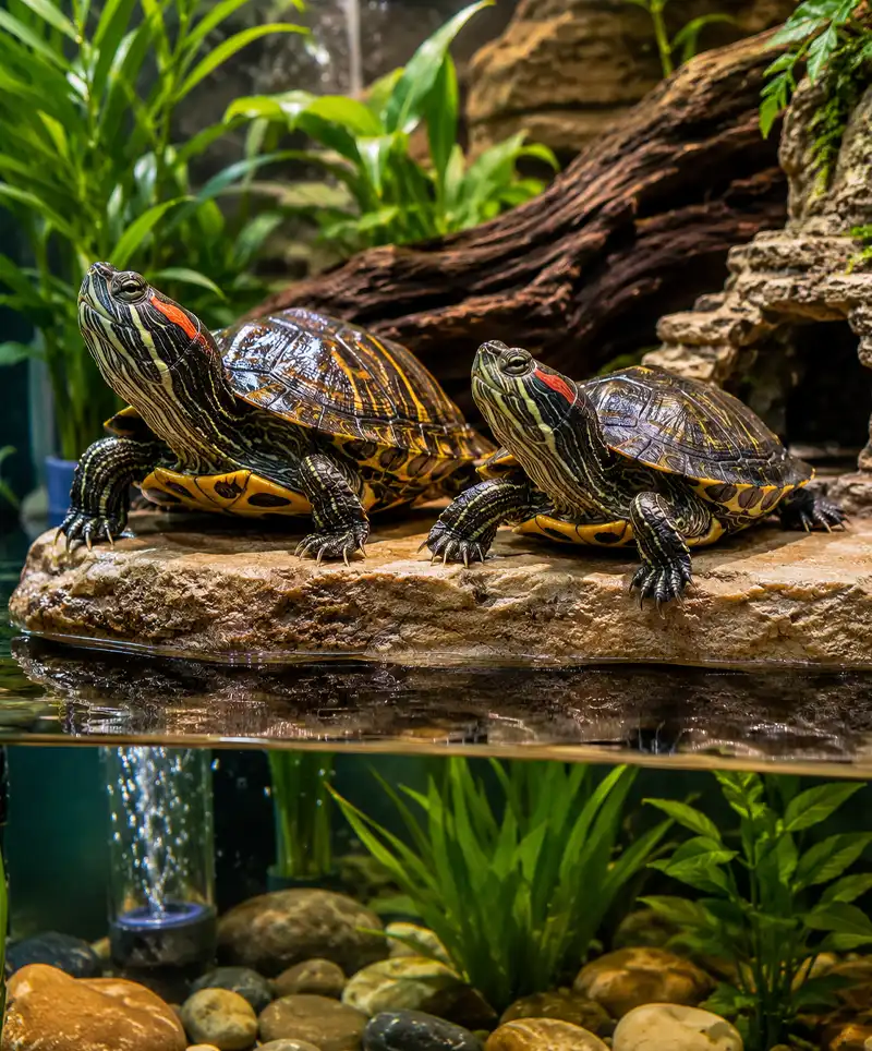Two freshwater terrapins bask side by side on a rocky ledge above the water in a beautifully landscaped home aquarium filled with lush aquatic plants, driftwood, and smooth river stones.