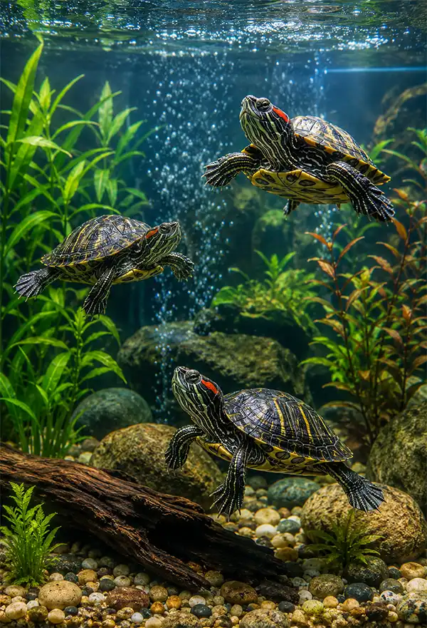 A Well Kept Aquarium with healty Turtles Three freshwater terrapins swim gracefully through a crystal-clear home aquarium filled with lush aquatic plants, smooth river stones, driftwood, and rising bubbles.