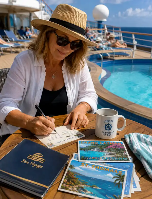 Cruise passenger relaxes beside the ship’s swimming pool while writing postcards to friends and family back home.