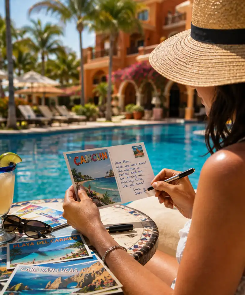 Vacationer writes postcards to friends and family while relaxing beside the swimming pool at a sunny resort in Mexico.