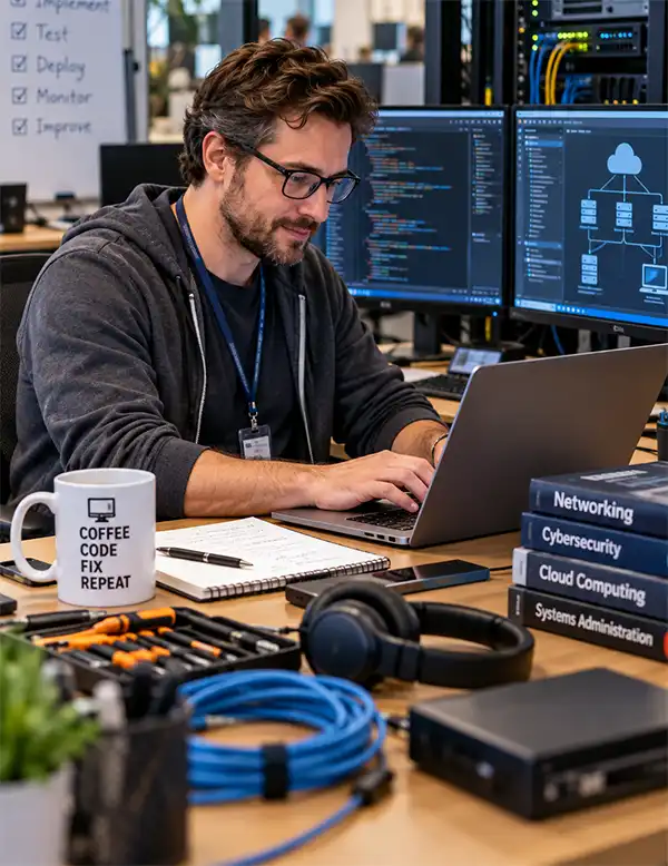 Techie on the job. Tech professional working on a laptop beside multiple monitors and network equipment in a busy modern office environment.