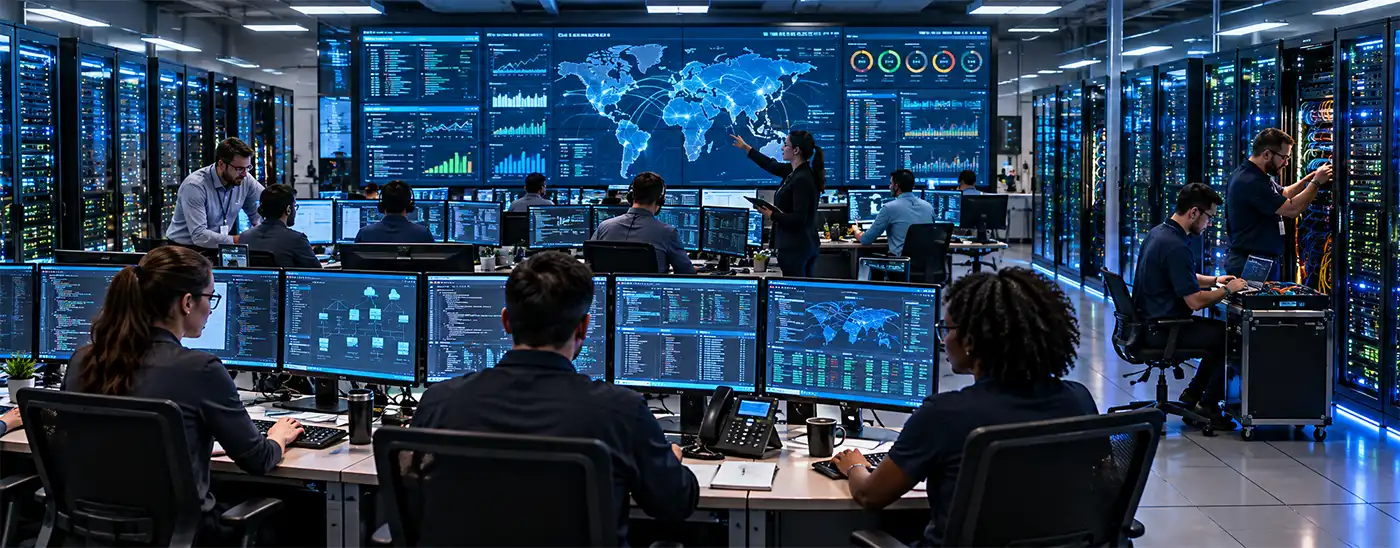 Techie "Heaven" Team of tech professionals monitoring computer systems and network activity in a large server room and high-tech operations center.
