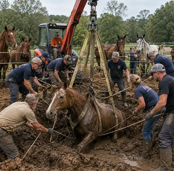 Being kind can sometimes lead to helping an animal from a natural trap. Rescuers use lifting straps, ropes, and a small crane to carefully free a horse trapped in deep mud while several concerned horses watch quietly from a safe distance in the background.