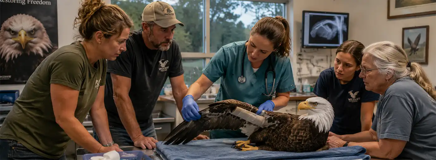 Caring for a Bald Eagle with a Broken Wing A veterinarian carefully examines a bald eagle with an injured wing while concerned rescuers look on in a wildlife rehabilitation clinic, illustrating compassion and expert care for an injured bird of prey.