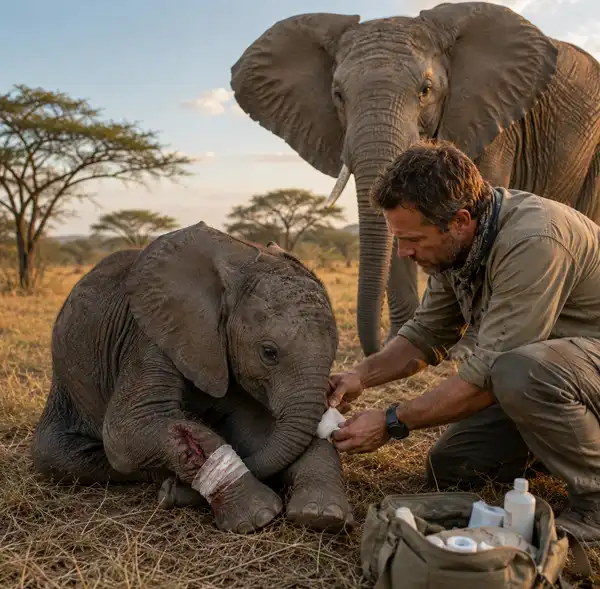 Helping Wildlife is a real rewarding experience. A wildlife rescuer gently bandages the injured leg of a baby elephant on the African savanna while its protective mother watches calmly nearby, illustrating compassion and care for wild animals.