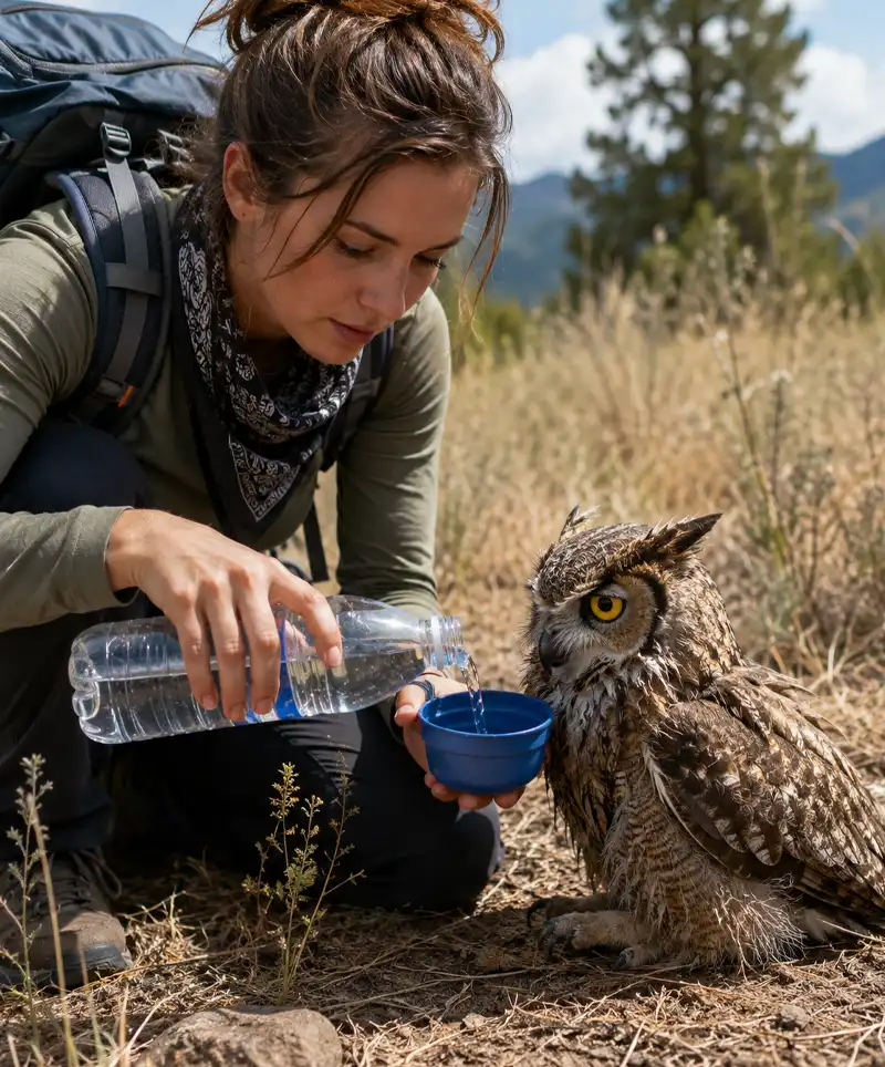 A hiker wearing a backpack gently pours fresh water into a cup for a thirsty owl resting in a grassy field, showing kindness and compassion toward an injured or dehydrated wild bird.
