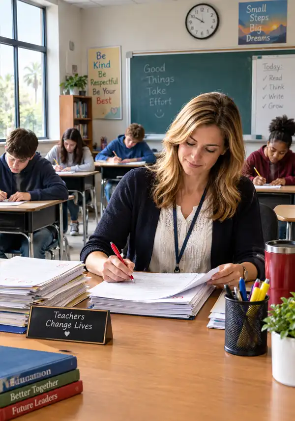 Teacher uses a quiet classroom exam period to grade student papers as pupils work independently at their desks.