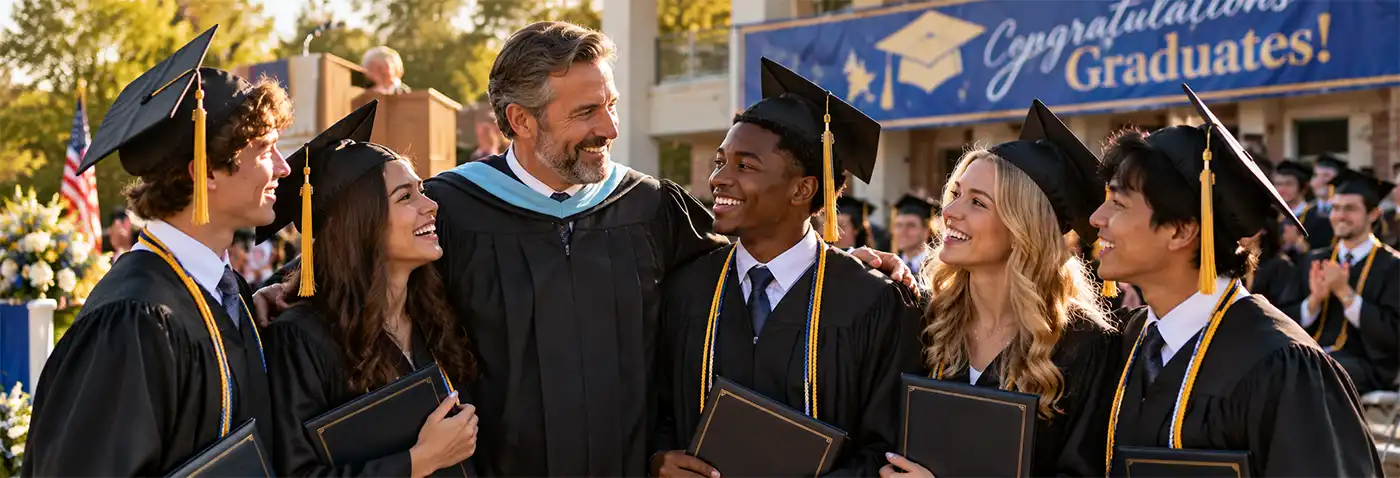 Proud male teacher celebrates with his graduating students in caps and gowns during a joyful outdoor graduation ceremony.