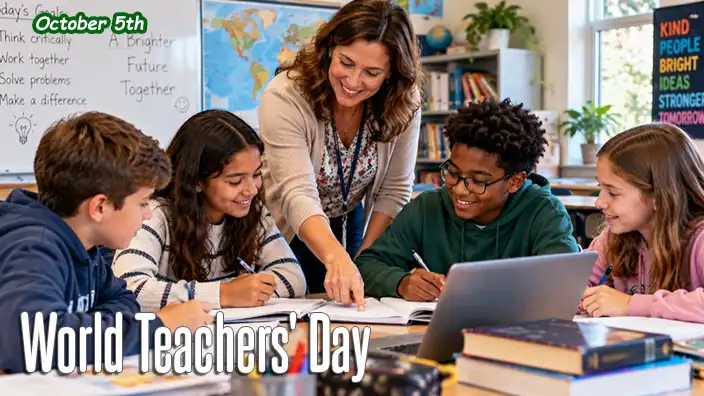Teacher working with a happy group of students as they collaborate on a classroom assignment using notebooks, books and a laptop.
