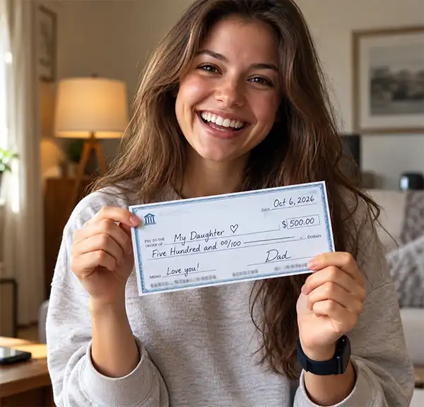 Happiness is a warm check Smiling daughter holding a check from her dad for $500 to celebrate National Transfer Money to Your Daughter Day.