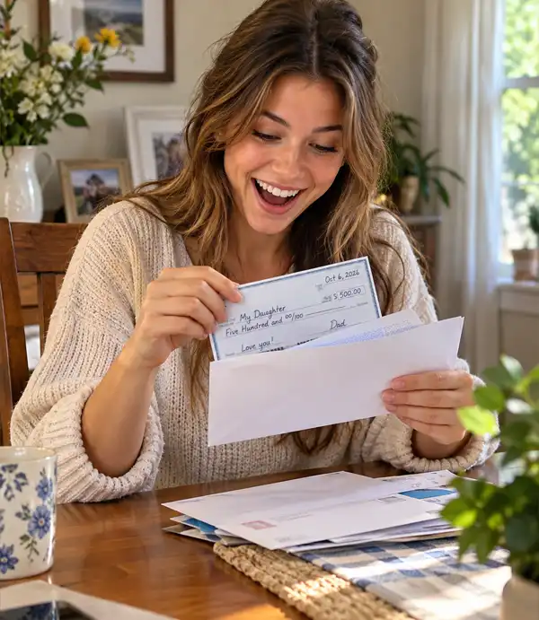 A surprise gift arrives in the mail Young woman smiling as she opens her mail at the dining room table and discovers a check sent by her dad.