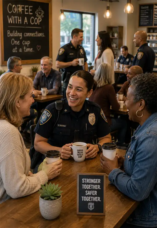 A female police officer enjoys coffee and conversation with two community members during a busy Coffee with a Cop event at a local café.