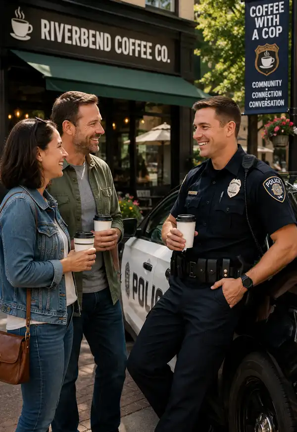A police officer leans against his patrol car while sharing coffee and a friendly conversation with two community members outside a local coffee shop.