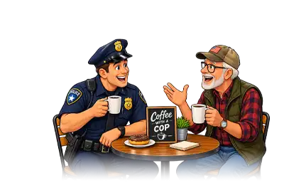 A Cop and a Citizen talking over Coffee on a transparent background