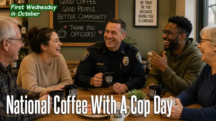 Community members share coffee and laughter with a police officer during a friendly Coffee with a Cop gathering.