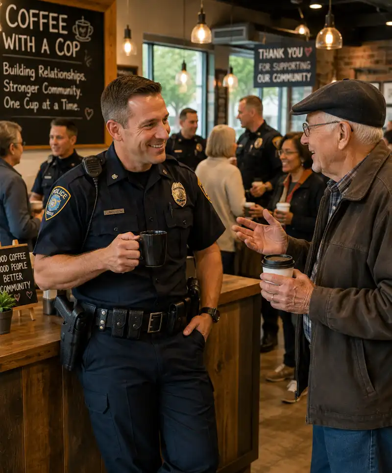 A Citizen chats with a Cop during a well attended Coffee With A Cop event.