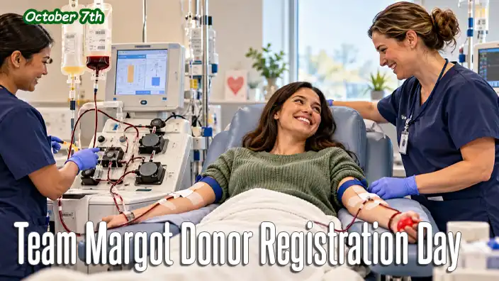 Medical staff assist a happy donor as blood passes through an apheresis machine to collect stem cells before being returned to the donor.