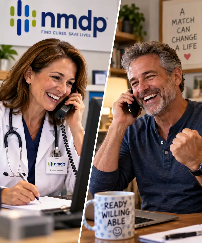 A doctor from the NMDP Registry happily calls a potential stem cell donor, who celebrates after learning that he is a match for a patient in need.