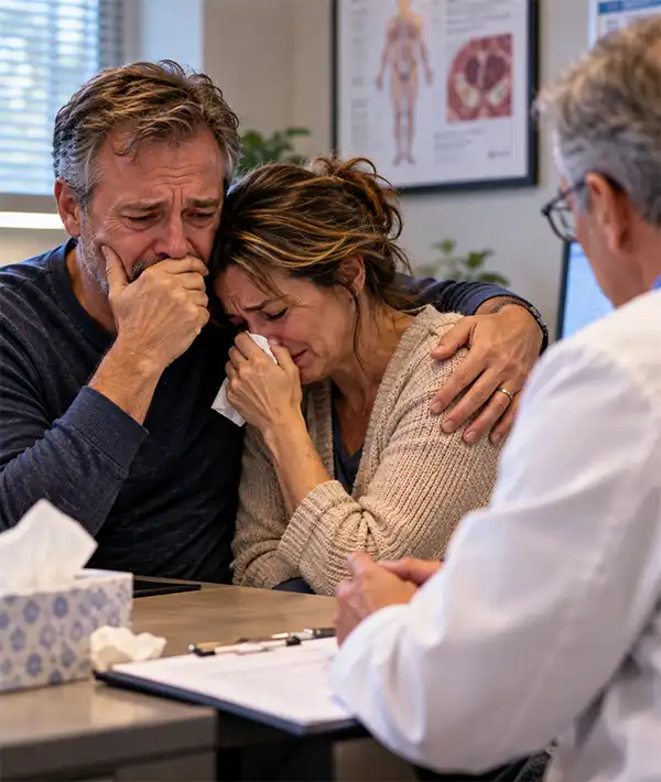 A distressed husband comforts his tearful wife as they receive difficult medical news from their doctor during an emotional consultation.