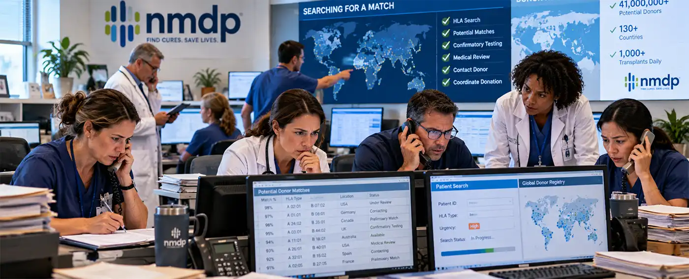 Concerned medical staff work urgently with phones, computers and donor registries to search worldwide for a matching stem cell donor.