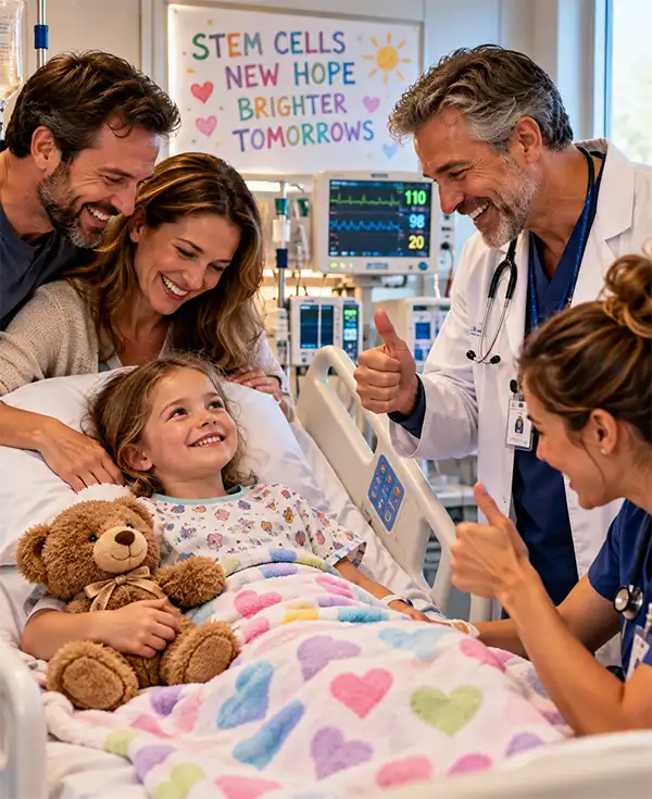 A smiling child recovering after a stem cell transplant receives encouraging news from her doctors as her relieved parents celebrate beside her hospital bed.
