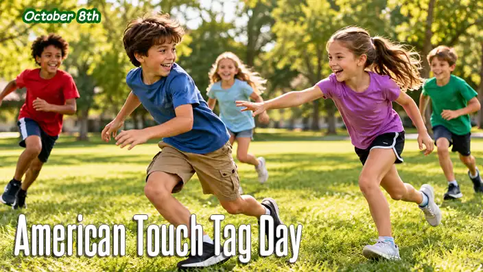 Group of children laughing and running across a sunny park while playing a lively game of American Touch Tag.