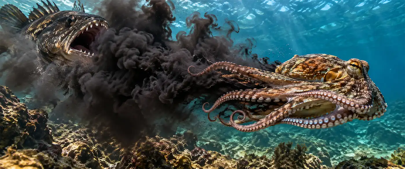 n octopus escapes from a predatory fish by releasing a thick cloud of dark ink and rapidly swimming away across a rocky reef.